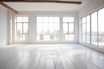 Fototapeta premium Bright, empty white room with wooden floors and large windows floods the space with natural light.