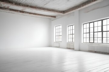 Obraz premium Bright, airy room showcases minimalism with white walls, wooden floors, and expansive windows for