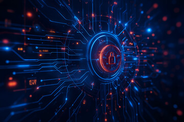 Fototapeta premium Futuristic digital circuit board with glowing blue security lock symbol representing cybersecurity and data protection