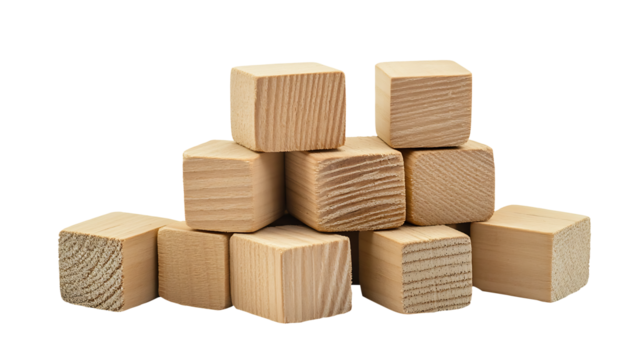 Pile of natural light wooden cubes isolated on transparent background