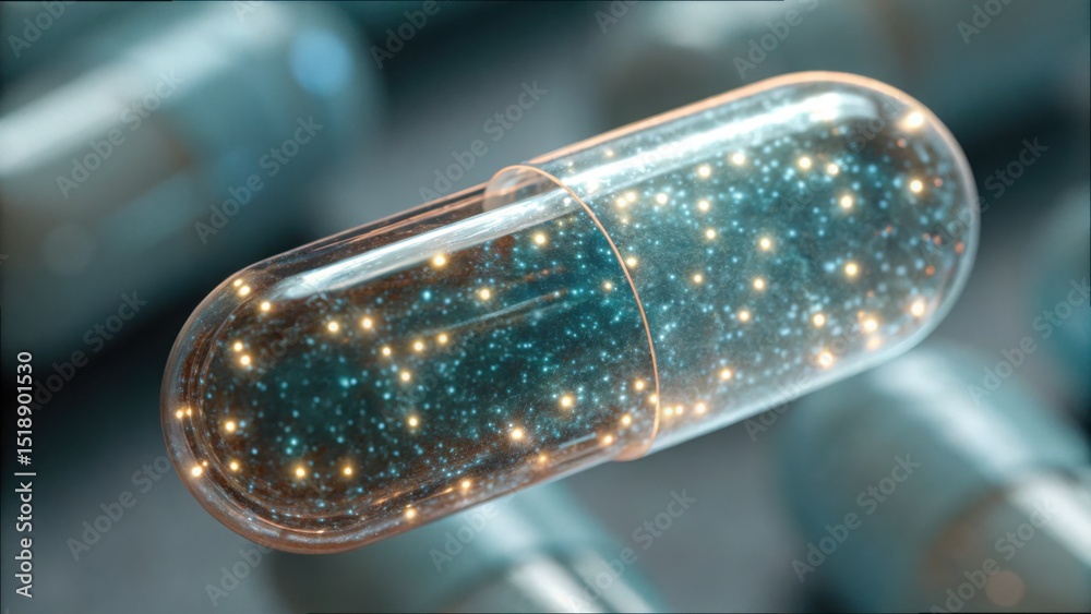 Poster Digital Pill Filled with Shimmering Particles on a Surface Background