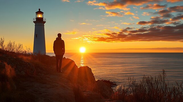 Mystical voyage toward the lighthouse silhouette in atmospheric - Powered by Adobe