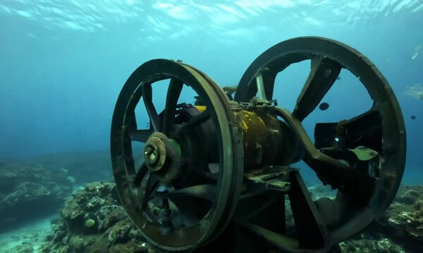 A rusted mechanical structure shaped like a spiral turbine embedded deep in the seabed, covered in algae and glowing barnacles