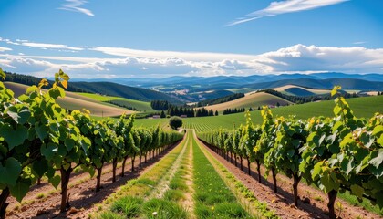 Obraz premium landscapes explore the breathtaking beauty of vineyards nestled in rolling hills under a bright blue sky