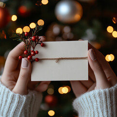 Blank Christmas Card Held in Hands, Festive Decor. ai generated