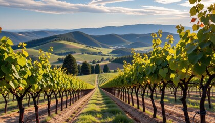 Fototapeta premium travel a serene vineyard landscape featuring rolling hills and lush grapevines break