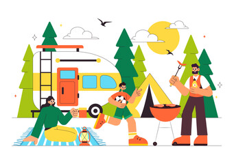 Happy Summer Camping Vector Illustration Featuring a Mountain or Forest Setting for Expedition, Travel, Exploration, and Outdoor Recreation Background