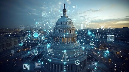 Capitol building, digital network overlay, city skyline.  Evening twilight