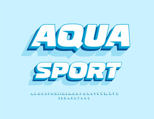 Fototapeta premium Vector Activity badge Aqua Sport. Dynamic Font with Big Blue Shadow. Exclusive White Alphabet Letters and Numbers set.