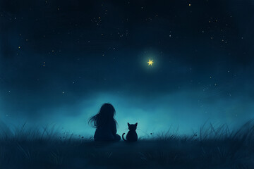 Young Girl and Black Cat Under the Starry Night Sky