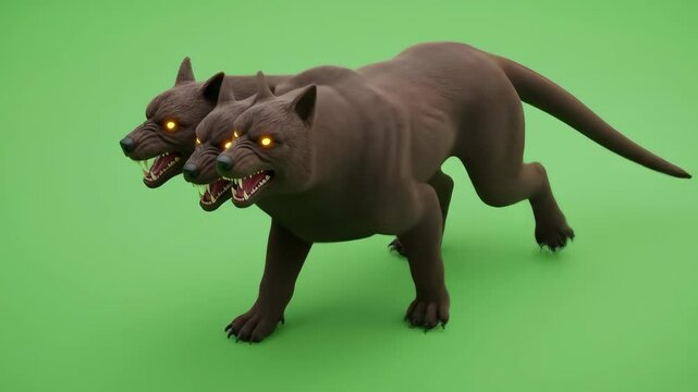 Cerberus, Guardian of Underworld, a Mythical Three-Headed Hound, Symbolizing Ancient Power and Loyalty, Fantasy Illustration, on Green Background, Isolated