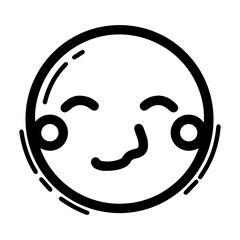Outline style drawing of a circular emoji expressing pleasure or shyness, marked by closed, smiling eyes and slightly rosy cheeks. Can be used to convey, contentment, shyness, or being pleased