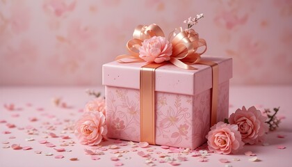 , Pink and gold gift box with blooming carnations, scattered pastel confetti, and elegant wrapping paper on a softly colored background setting