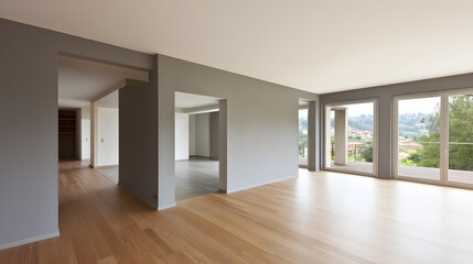Obraz premium Modern living room with wooden floors and neutral walls, showcasing minimalist design and open space.