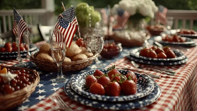 Summertime festive table setting with food and decorations