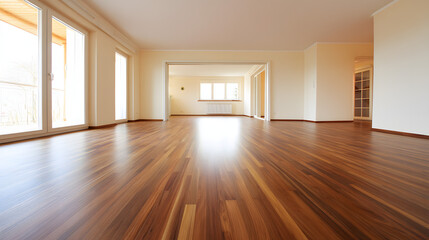 Fototapeta premium Modern living room with wooden floors and neutral walls, showcasing minimalist design and open space.