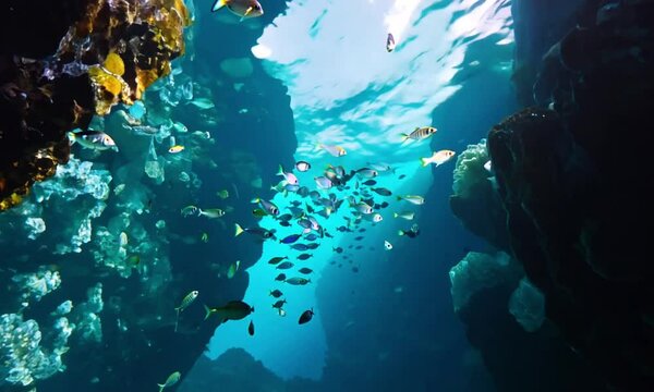 A jagged trench filled with glowing crystal formations emitting soft teal and purple light, fish with translucent bodies swimming through the crystalline tunnels, reflecting colors all around like an 