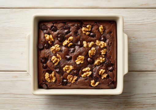 A top-down view of a walnut and chocolate chip brownie baked in a square, off-white ceramic pan, resting on a white wood surface