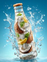 Refreshing Coconut Drink Mockup with Ice Cubes and Splash in Clear Bottle