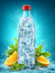 Refreshing Ice Cold Water Bottle Mockup With Mint and Citrus Fruit Elements