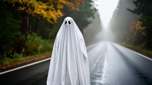 Spooky ghost figure with sheet costume standing in the middle of an empty forest asphalt road on Halloween season, autumn colors foliage landscape
