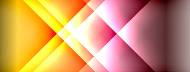 Fototapeta premium Abstract geometric composition. Warm colors blend, creating dynamic diagonal lines. Brightness varies across shapes, suggesting light effects.