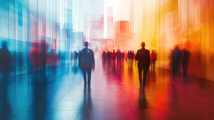 Marketing expo and trade show backdrop with attendees at an international business venue