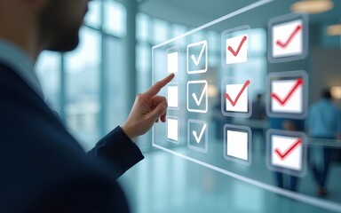 Digital Checklists for efficient business management, Businessman touching marking on checklist guide to paperless assessment and Future Success, Streamlining operations with online surveys.