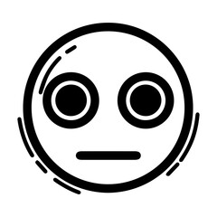 Outline style drawing of a circular emoji with wide eyes and a flat mouth, suggesting a state of surprise, neutrality, or speechlessness. Can be used to represent a reaction to unexpected information
