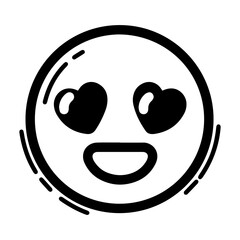 Fototapeta premium Outline style drawing of a circular emoji with heart-shaped eyes and a wide smile, conveying an intense feeling of love or adoration. Can be used to represent love, adoration, strong affection