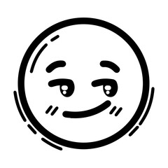 Outline style drawing of a circular emoji with a teasing or playful expression, marked by squinted eyes and mischievous smirk. Can be used to convey mischief, slyness, flirting or playful insinuation