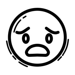 Outline style drawing of a circular emoji expressing upset, sadness, or concern, shown by downcast eyes and an open, downward-curved mouth. Can be used to convey unhappiness, worry, disappointment