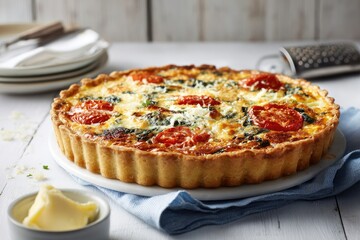 A rustic spinach and tomato quiche sits on a white marble-topped table, garnished with cheese and ready to serve.  A small dish of butter and a grater are nearby