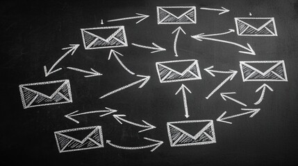 Chalkboard sketch depicting interconnected envelopes illustrating email communication network