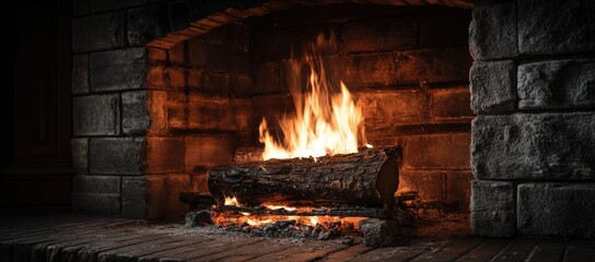 A rustic stone fireplace with a warm, inviting fire burning brightly, casting a cozy glow on the hearth (1)