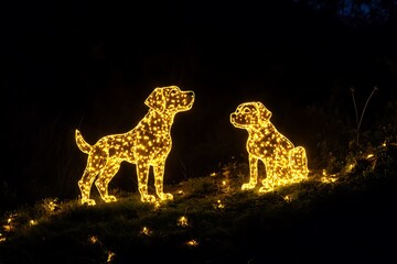 Two dog christmas light decorations glowing in the dark at night