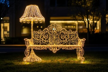 Illuminated bench and lamp decoration at night in a park