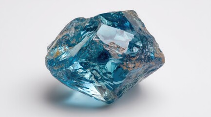 A translucent, multifaceted blue gemstone rests on a stark white background, showcasing its intricate crystalline structure and subtle internal variations in tone.  