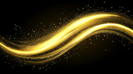 Golden light trails swirl on a dark background, creating a dynamic, glowing wave effect. Perfect for digital art, festive themes, and luxury designs.