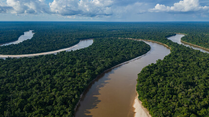 AERIAL IMAGES OF THE NANAY RIVER IN THE PERUVIAN AMAZON, AN IMPORTANT RIVER FOR THE CITY OF IQUITOS, AMAZON RIVER FROM THE AIR WITH A DRONE