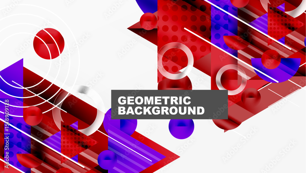 Poster Abstract geometric design. Red, purple, white shapes overlap creating dynamic visual effect. Modern background texture.
