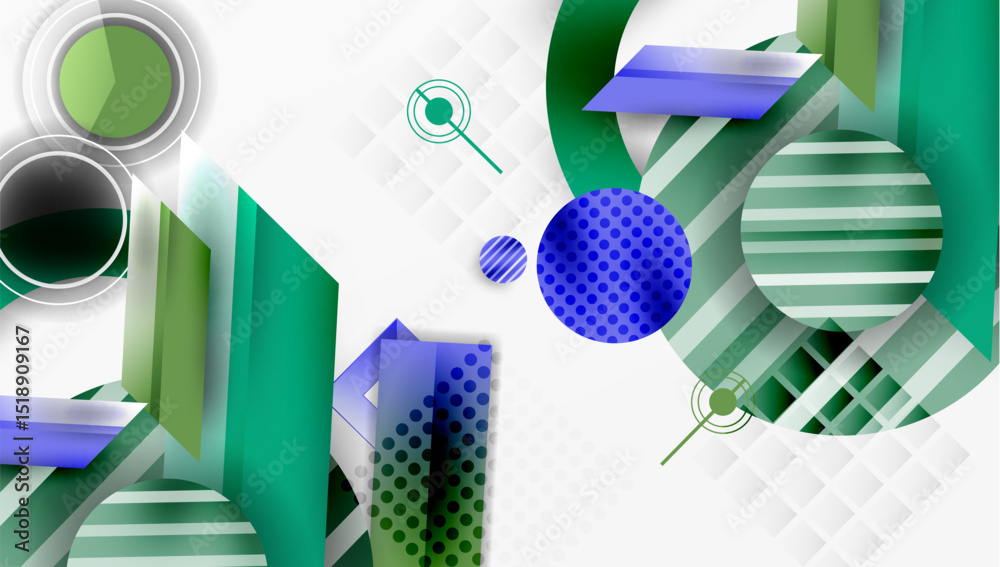 Poster Abstract geometric composition. Green, blue hues dominate. Shapes overlap, creating dynamic visual effect. Modern design elements present.