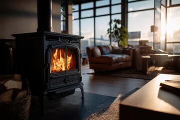 A cozy living room with a wood-burning stove displaying a warm fire, bathed in the golden light of a setting sun streaming through large windows;