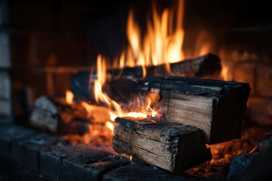 A close-up shot of burning logs in a brick fireplace, showcasing vibrant flames and the textural detail of the wood