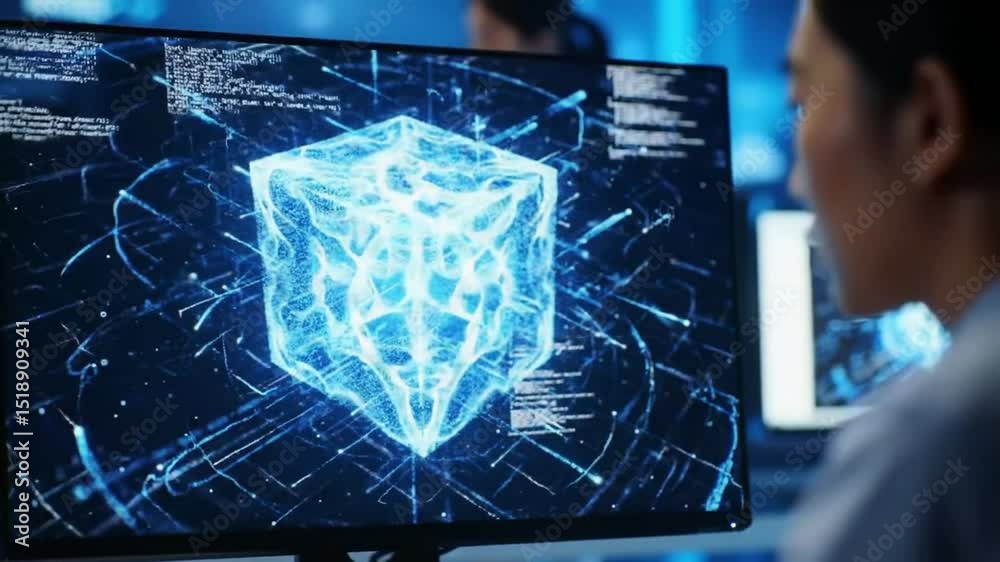 Poster focused view of woman viewing blue cube pattern on monitor with digital data streams displayed on sc