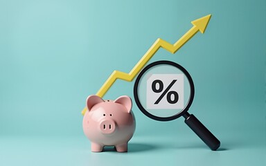 Interest rate and dividend concept,percentage sign symbol print screen on magnifying glass and piggy bank, financial growth, return on stocks and mutual funds, long term investment for retirement.