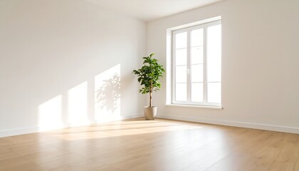 Bright and empty room with houseplant and natural light from a window.