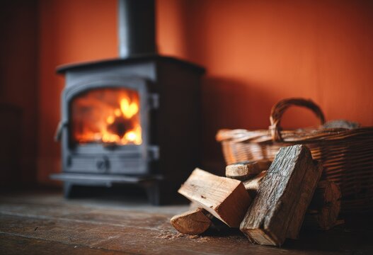 A rustic wood-burning stove glows warmly, casting a soft light on a pile of firewood beside a wicker basket on a weathered wooden surface, set against a deep red wall