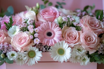 Elegant bouquet of pink roses, gerbera daisies, and white flowers