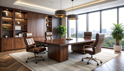 Fototapeta premium Elegant boardroom with a large table, chairs, and city view